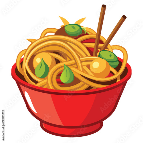 Chow Mein in a Bowl – Classic Noodle Dish, Isolated on White Background.