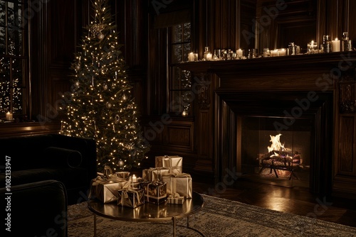 A traditional living room decorated with a cypress tree and a fireplace with ornaments and gifts for the holidays