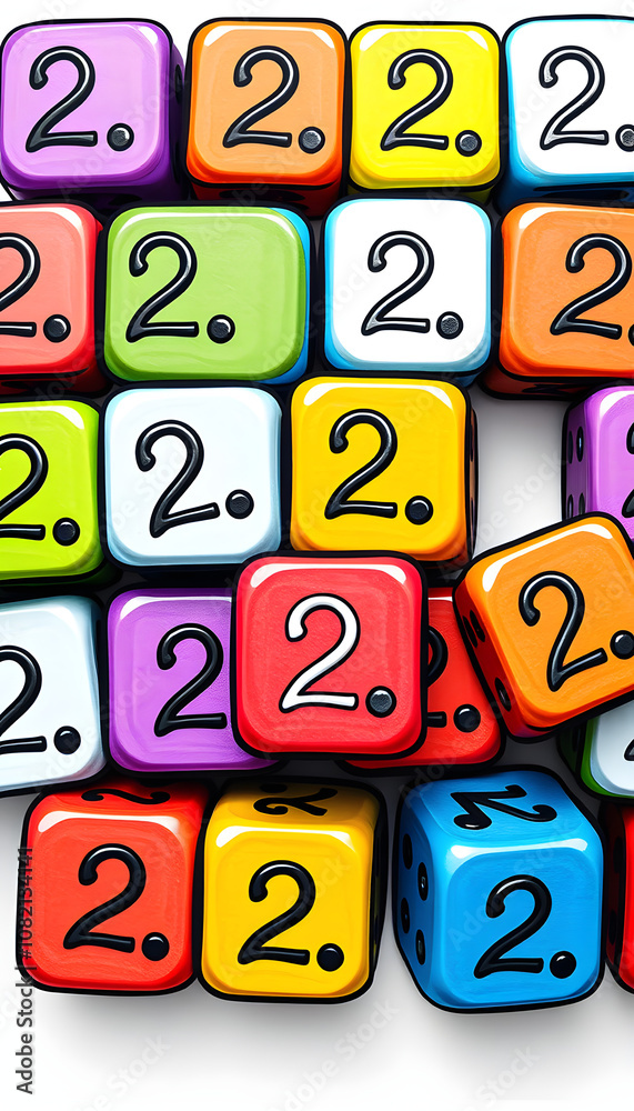 Colorful dice all displaying the number two and arranged in a pattern, doodle art Colorful dice all displaying the number two and arranged in a pattern, doodle art