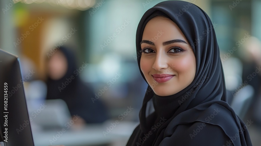 A young woman wearing a hijab smiles confidently while working at a computer in an office. A young woman wearing a hijab smiles confidently while working at a computer in an office.