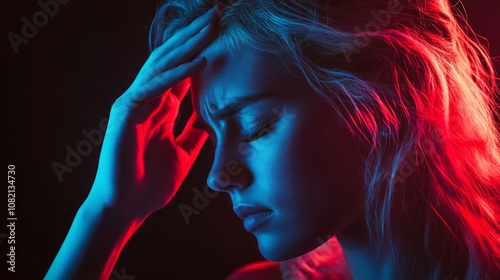 A young woman with a headache, her hand on her forehead. The lighting creates a dramatic effect.