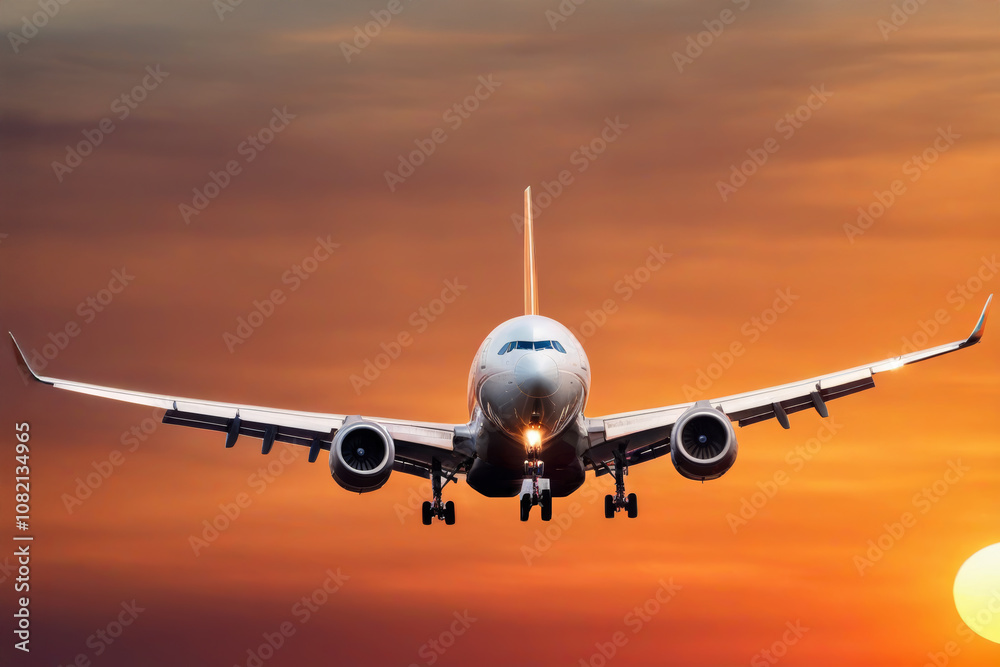 front view of photorealistic passenger plane landing front view of photorealistic passenger plane landing