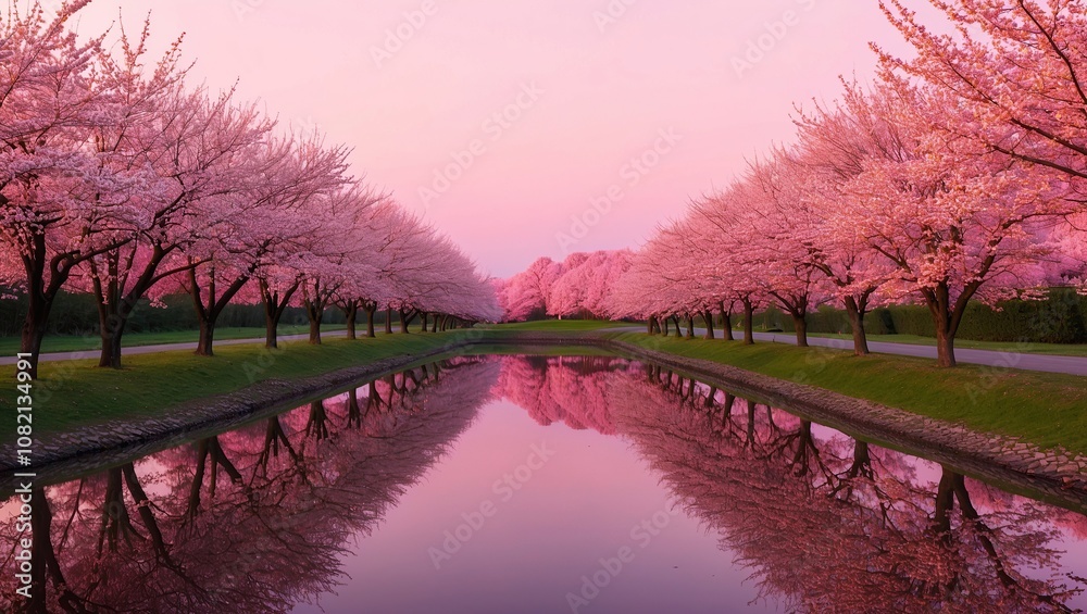 Serene pink landscape with cherry trees reflected Serene pink landscape with cherry trees reflected