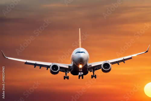 front view of photorealistic passenger plane landing photo