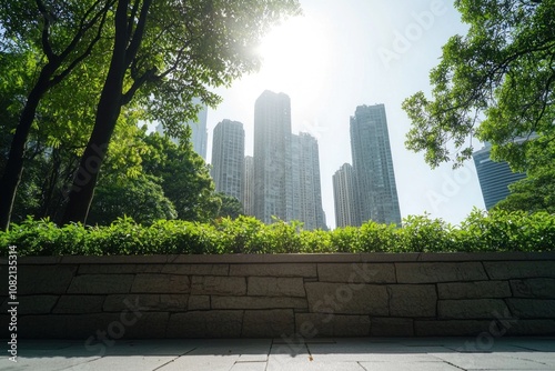 Urban skyscrapers rise city park photography sunlit environment low angle modern architecture photo