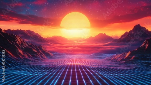 Vibrant Digital Sunset Over Mountain Landscape with Futuristic Grid in Foreground, Evoking a Sense of Serenity and Advanced Technology in Nature’s Embrace