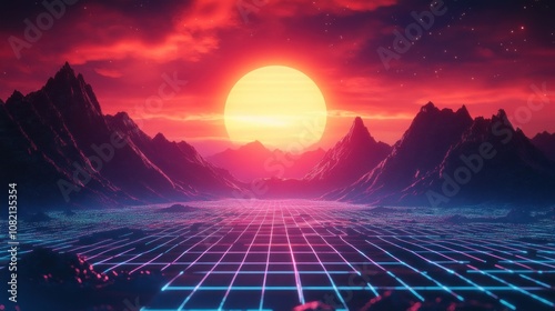 Surreal Sunset Over Mountains with Neon Grid Landscape in Vibrant Retro Futurism Style, Perfect for Evoking Nostalgia and Imagination in Digital Art