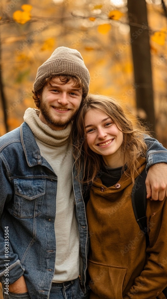 Joyful couple embracing in a golden autumn forest, their smiles radiating warmth against the backdrop of falling leaves and soft sunlight filtering through trees. Joyful couple embracing in a golden autumn forest, their smiles radiating warmth against the backdrop of falling leaves and soft sunlight filtering through trees.