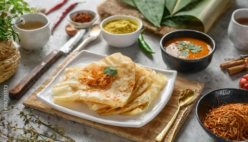 Crispy Roti Canai with Spicy Curry Dipping Sauce, Captured in a Bright and Airy Home Cooking Setup with Fresh Ingredients and Clean Presentation