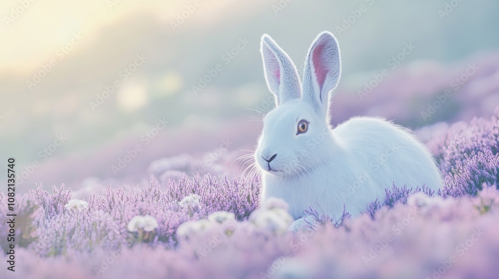 Fototapeta premium Serene White Rabbit Sitting in a Lavender Field During Sunset, Adorned by Beautiful Wildflowers, Exuding a Calm and Peaceful Atmosphere in Nature