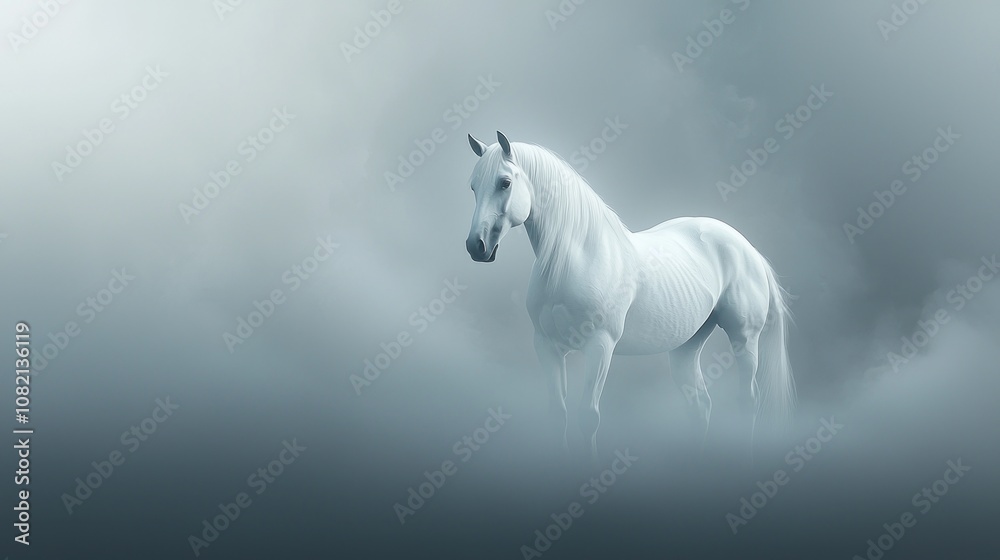 Fototapeta premium Serene White Horse Standing in Mystical Fog, Capturing the Essence of Tranquility and Elegance in a Dreamlike Landscape