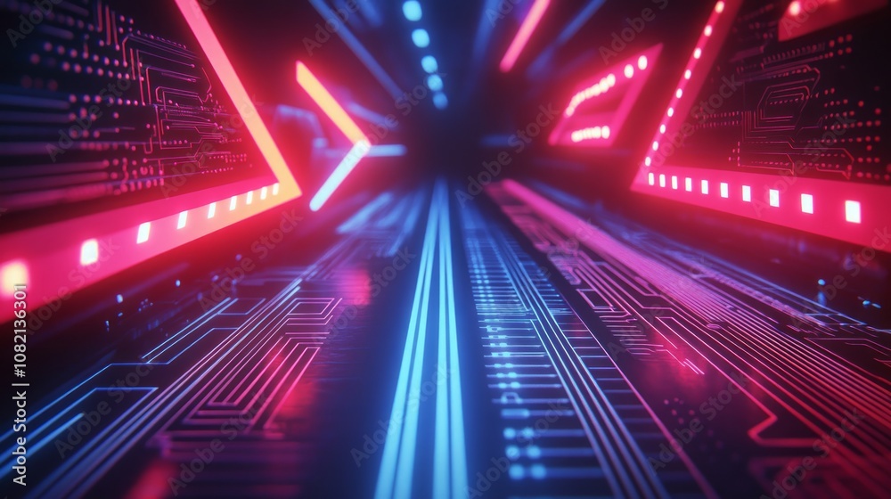 Fototapeta premium Abstract digital tunnel with glowing neon lights and circuit board patterns.