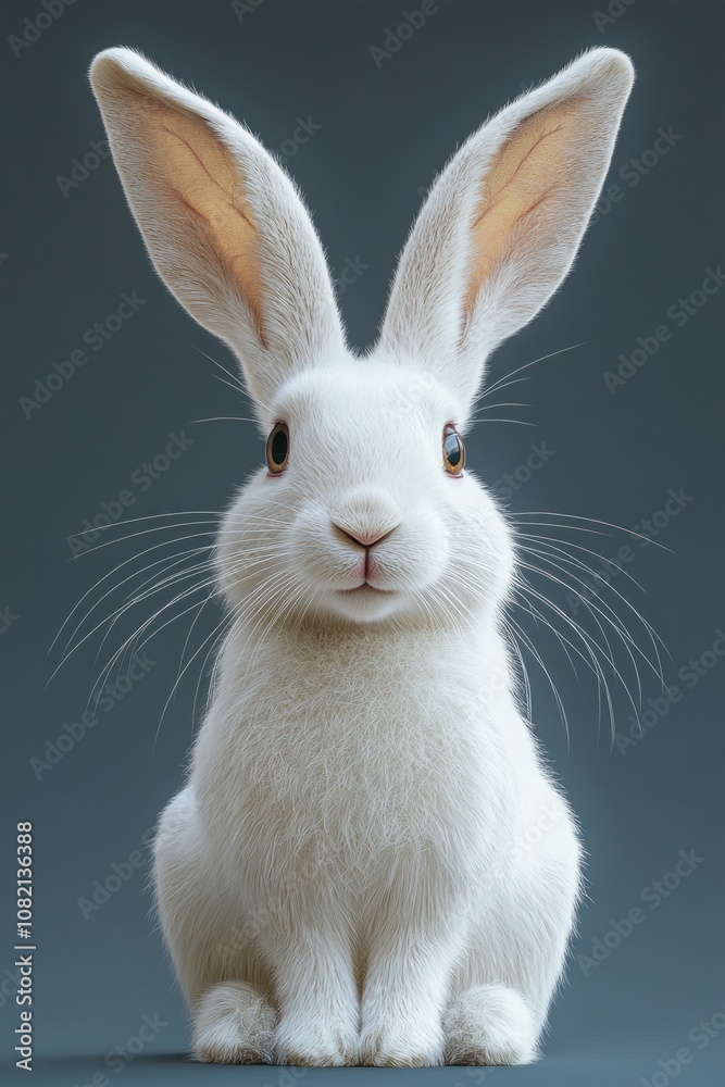 Adorable White Rabbit Sitting Upright with Large Ears and Expressive Eyes Against a Soft Gray Background, Capturing Its Playful and Gentle Nature