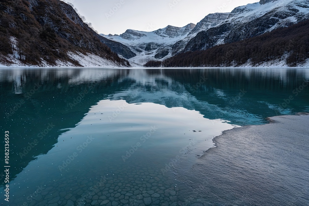 Stunning Icy Mountain Lake with Sparkling Reflection and Crystal Clear Water Stunning Icy Mountain Lake with Sparkling Reflection and Crystal Clear Water