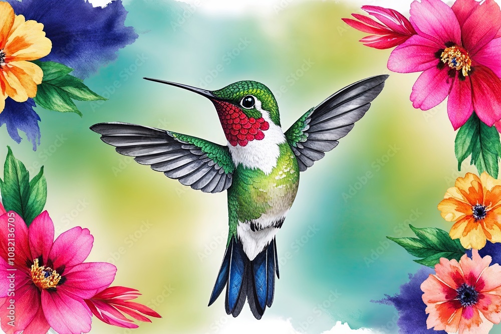 Fototapeta premium Enchanting Hummingbird Dancing Among Colorful Watercolor Flowers