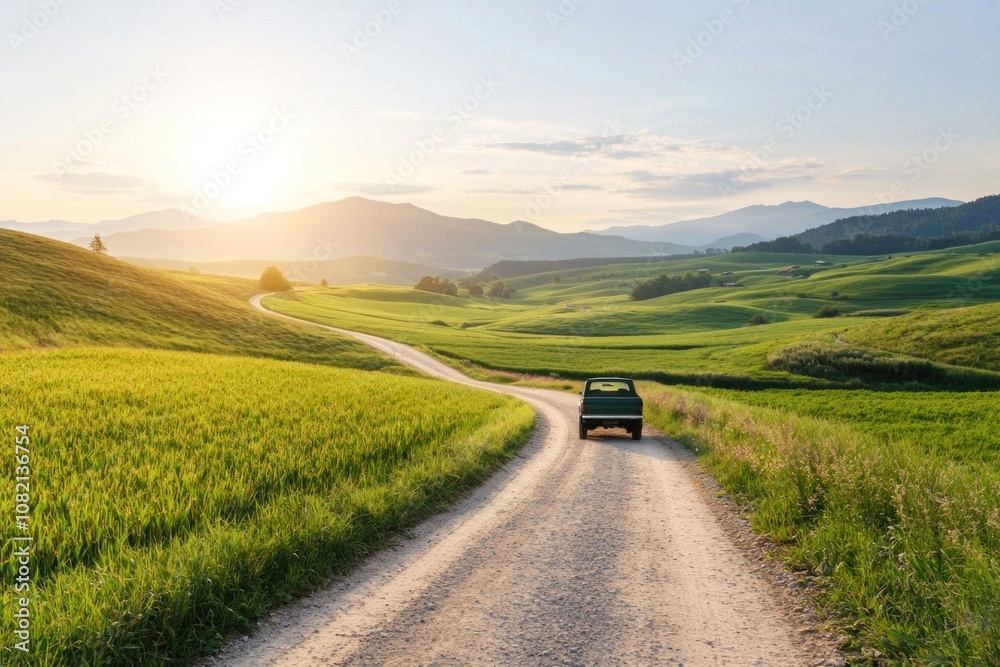 Naklejka premium Driving through lush green fields rural landscape nature scene serene environment scenic viewpoint tranquility concept