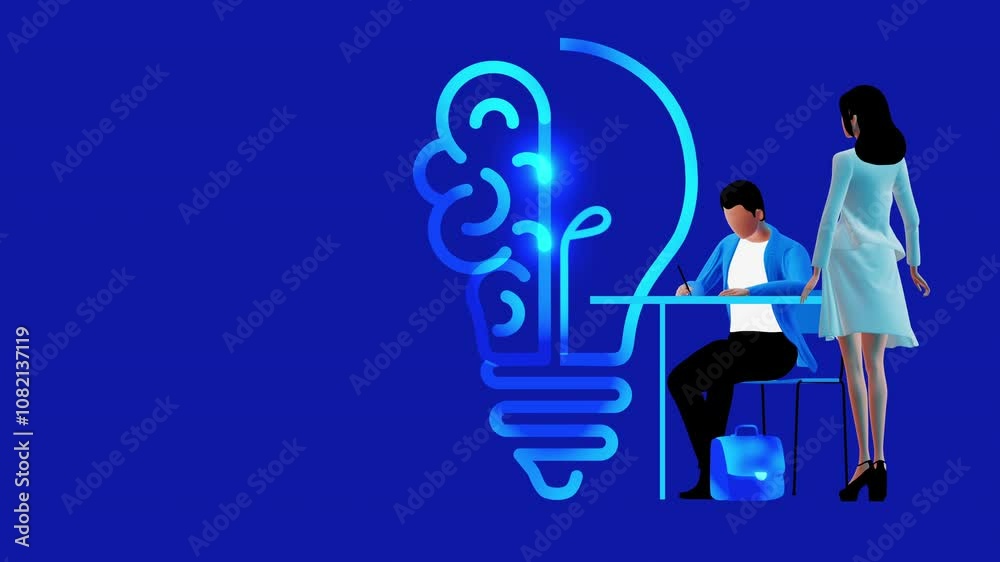 Young people working on projects. Brainstorming. Allies in teamwork in business. Modern workspace. 3D cartoon on blue background. Faceless people. Young people working on projects. Brainstorming. Allies in teamwork in business. Modern workspace. 3D cartoon on blue background. Faceless people.