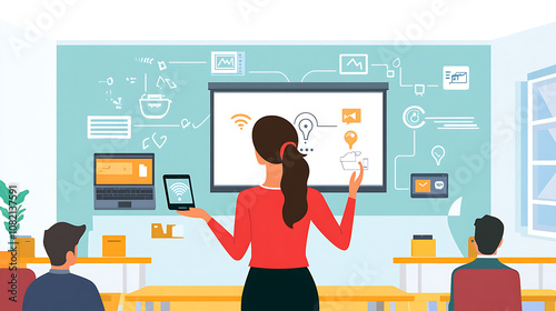A woman explaining IoT connectivity with visual aids and props in a smart classroom environment 