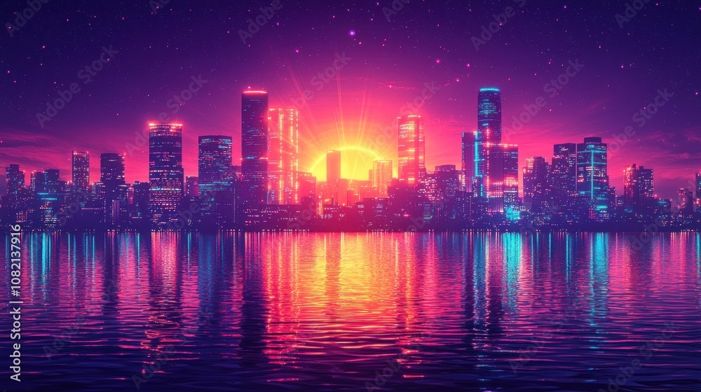 Vibrant Sunset Over Modern City Skyline Reflected on Calm Water Creating a Stunning Neon-Inspired Evening Atmosphere with Colorful Lights Vibrant Sunset Over Modern City Skyline Reflected on Calm Water Creating a Stunning Neon-Inspired Evening Atmosphere with Colorful Lights
