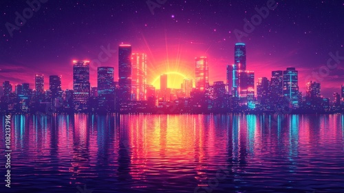 Vibrant Sunset Over Modern City Skyline Reflected on Calm Water Creating a Stunning Neon-Inspired Evening Atmosphere with Colorful Lights