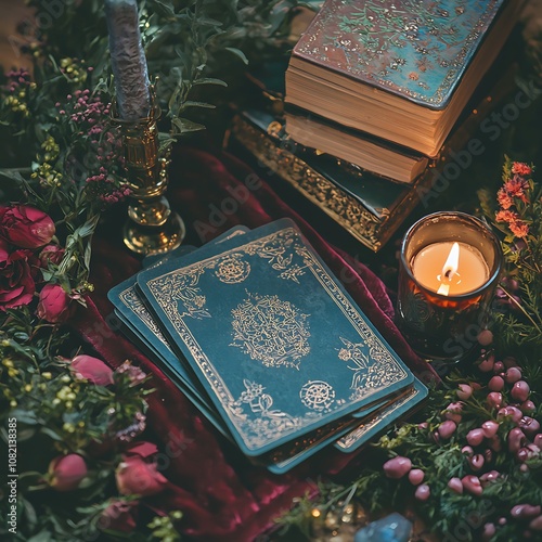 Mystical Tarot Cards with Flowers and Burning Candles.