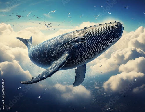 surreal scene of a giant whale soaring through the clouds surrounded by birds, dreamlike fantasy world