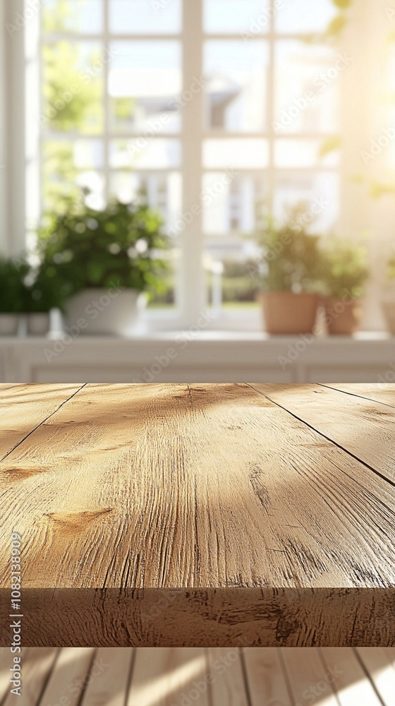 Sunlit wooden tabletop in cozy interior, with blurred background of potted plants on windowsill. Warm, inviting atmosphere for product display or relaxation. Sunlit wooden tabletop in cozy interior, with blurred background of potted plants on windowsill. Warm, inviting atmosphere for product display or relaxation.