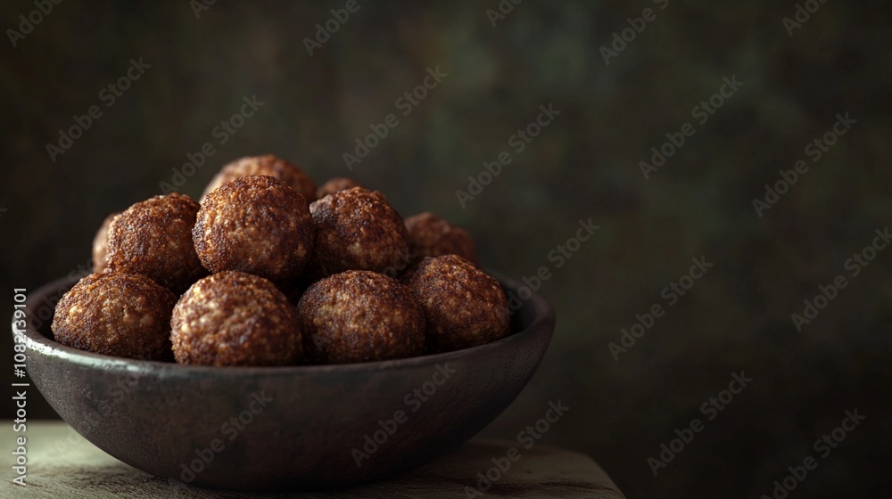 Rustic bowl filled with homemade energy balls, a healthy snack made from nuts, seeds, and dried fruits. Dark moody background enhances the appetizing appeal. Rustic bowl filled with homemade energy balls, a healthy snack made from nuts, seeds, and dried fruits. Dark moody background enhances the appetizing appeal.