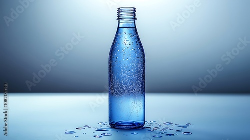 A glass bottle of water with condensation on a blue background.