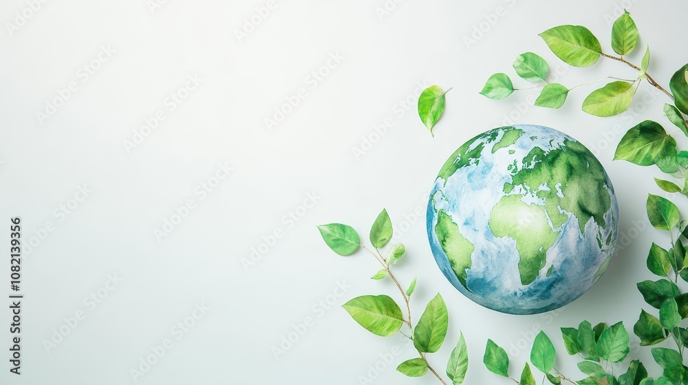 Watercolor globe framed by gentle green leaves, signifying healthy planet initiatives, soft blues and greens Watercolor globe framed by gentle green leaves, signifying healthy planet initiatives, soft blues and greens