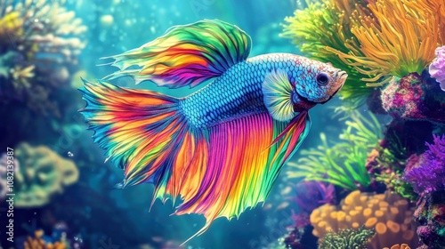 Vibrant and Colorful Betta Fish Swimming Gracefully Through a Stunning Coral Reef Underwater Scene with Lush Marine Life and Bright Colors