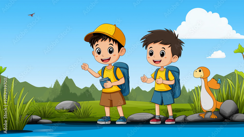 a 2D cartoon of nature engaging in an activity relevant to the theme of nature a 2D cartoon of nature engaging in an activity relevant to the theme of nature