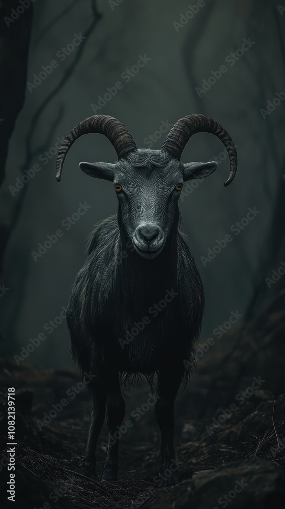 Mysterious Black Goat Stands Alone in Enigmatic Forest at Dusk with Twisted Trees and Eerie Atmosphere Evoking Intrigue and Wonder Mysterious Black Goat Stands Alone in Enigmatic Forest at Dusk with Twisted Trees and Eerie Atmosphere Evoking Intrigue and Wonder