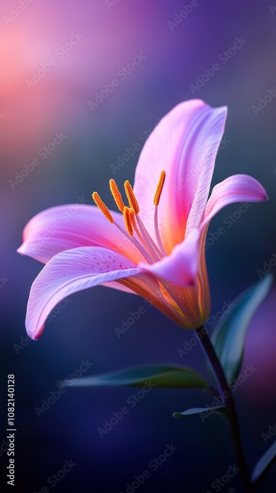 Fototapeta premium Beautiful pink lily blooms softly in the morning light against a gentle blurred background