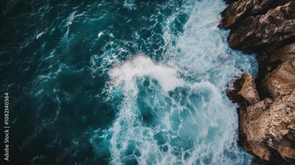 Aerial View of Foamy Waves Crashing Against Rocky Coastline Aerial View of Foamy Waves Crashing Against Rocky Coastline
