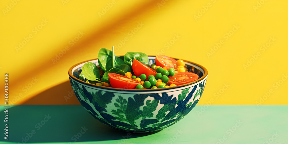 Fresh Vegetable Salad in Artistic Bowl on Colorful Background Fresh Vegetable Salad in Artistic Bowl on Colorful Background