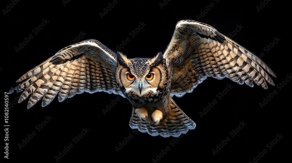 Obraz premium Majestic Owl in Flight with Stunning Detail on Its Feathers Against a Dark Background Capturing the Power of Nature and the Beauty of Wildlife Photography