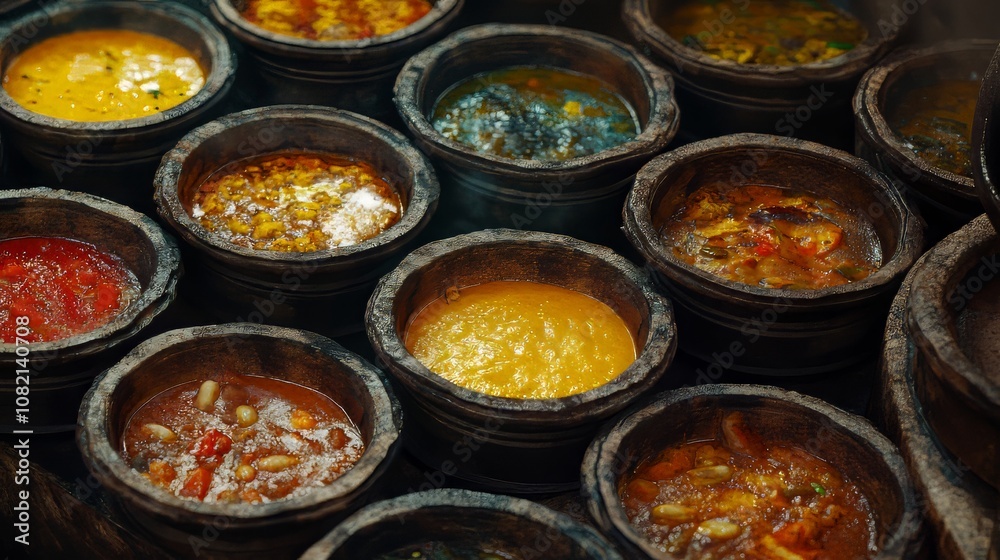 Variety of cooked curries on display at camden market in london. indian food. Ultra realistic. Photorealistic hypermaximalist advertising photography hyper realistic fine detail