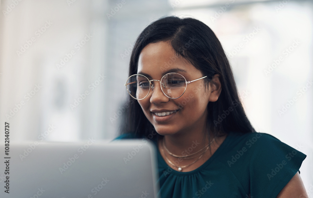 Office, happy woman and glasses with laptop for reading article, online trending topic and satisfaction. Publication, female person and journalist with smile for business blog, news story and editing Office, happy woman and glasses with laptop for reading article, online trending topic and satisfaction. Publication, female person and journalist with smile for business blog, news story and editing