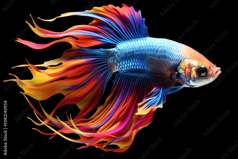 Vibrant Colorful Betta Fish with Flowing Fins Swimming Gracefully in a Dark Background, Showcasing Artistic and Exotic Aquatic Beauty for Nature Lovers Vibrant Colorful Betta Fish with Flowing Fins Swimming Gracefully in a Dark Background, Showcasing Artistic and Exotic Aquatic Beauty for Nature Lovers
