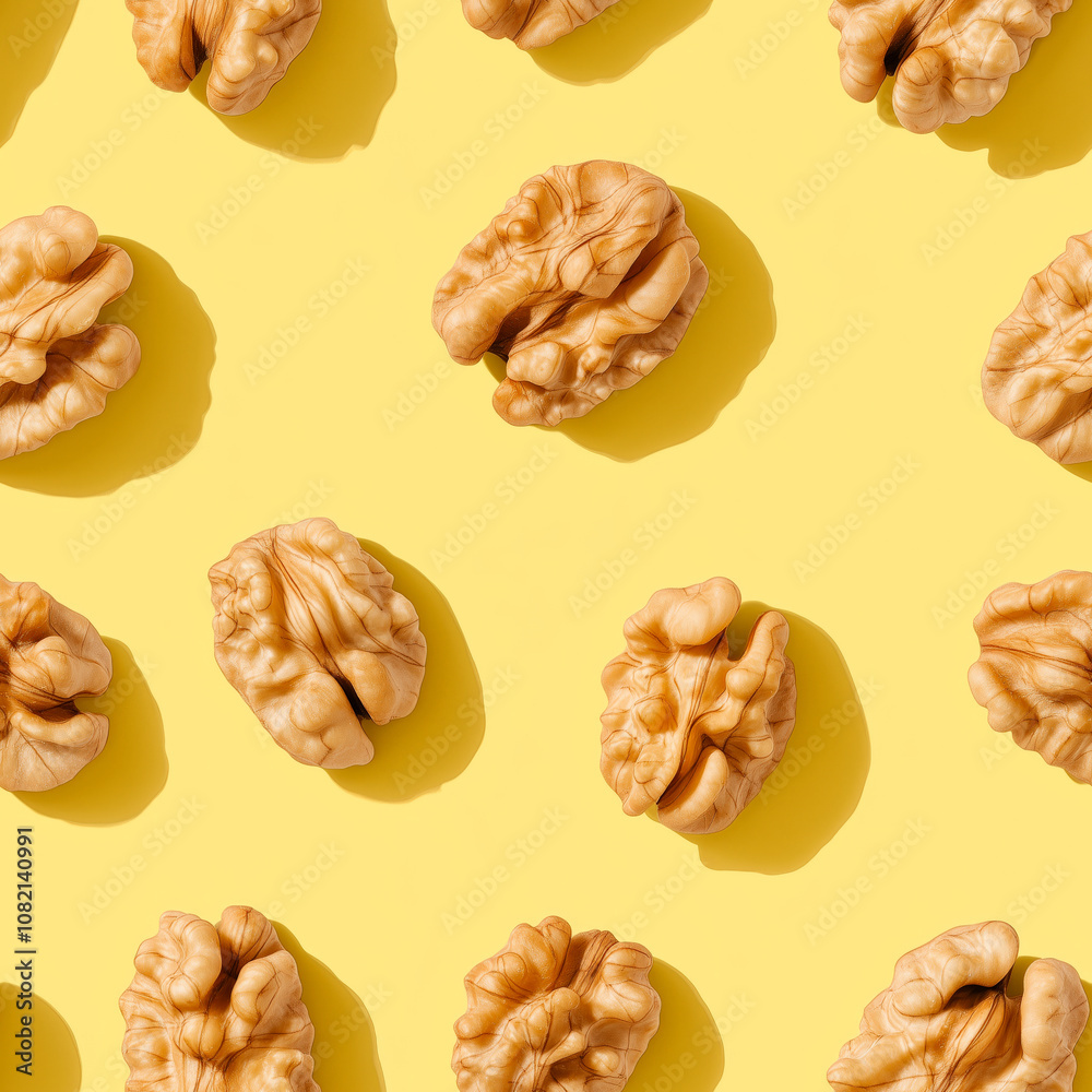 Brown Walnuts on yellow background high angle view. Brown Walnuts on yellow background high angle view.