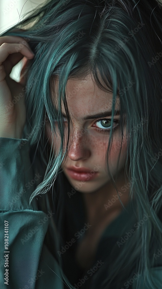 Intense gaze pierces through teal-dyed locks, capturing raw emotion and vulnerability in a striking portrait that blends edgy style with deep introspection. Intense gaze pierces through teal-dyed locks, capturing raw emotion and vulnerability in a striking portrait that blends edgy style with deep introspection.