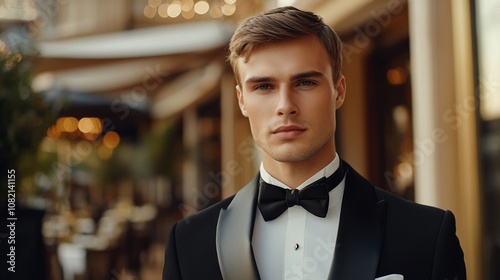 Dapper gentleman in classic black tuxedo and bow tie stands confidently outside upscale venue, exuding sophistication and elegance in warm evening light.