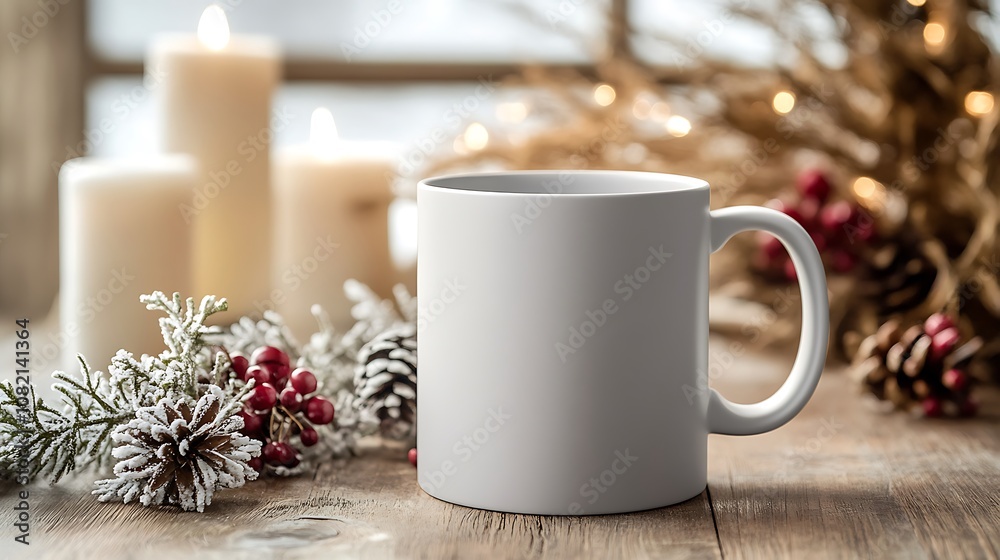 A white mug with a handle sits on a wooden surface with candles and Christmas decorations blurred in the background. A white mug with a handle sits on a wooden surface with candles and Christmas decorations blurred in the background.
