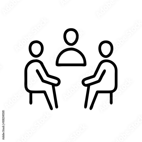 Support group icon showing three individuals discussing in a team setting