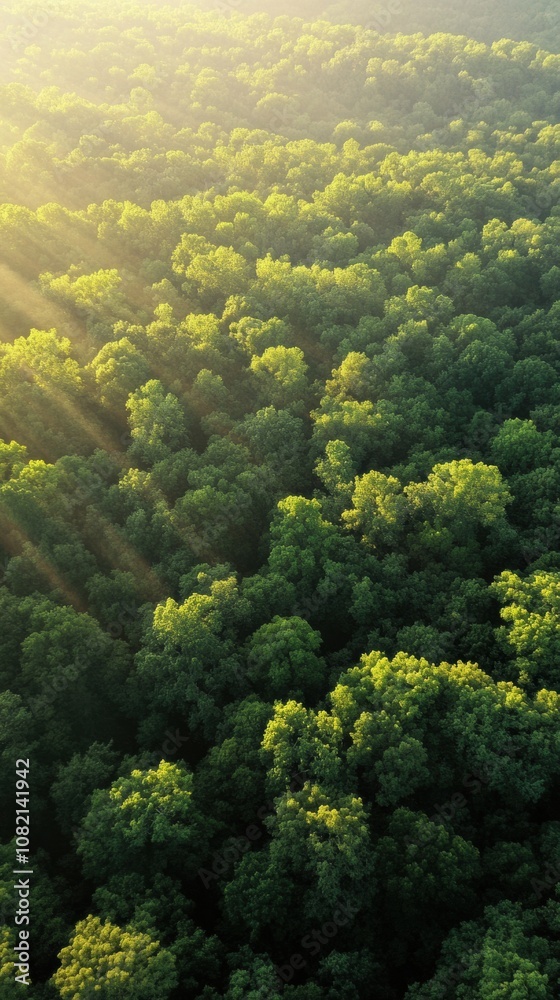 Obraz premium Sunlight streaming over a lush, dense forest canopy creates a serene, natural landscape, AI