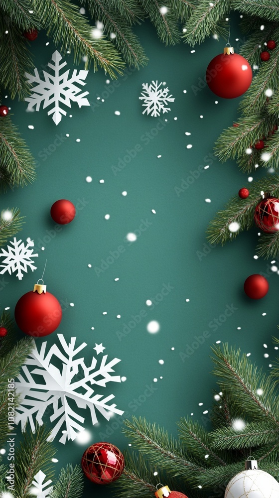 Festive green background adorned with pine branches, red ornaments, and white snowflakes creating a magical Christmas frame with falling snow in the center. Festive green background adorned with pine branches, red ornaments, and white snowflakes creating a magical Christmas frame with falling snow in the center.
