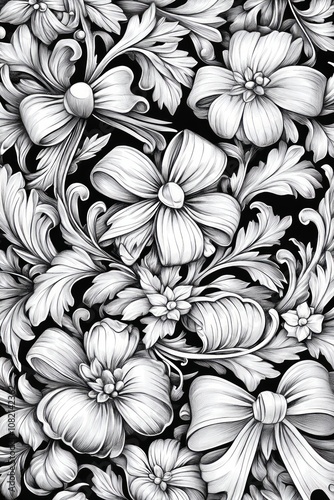 Delicate floral patterns in black and white showcase intricate designs, symbolizing renewal and beauty as people celebrate New Year’s Eve