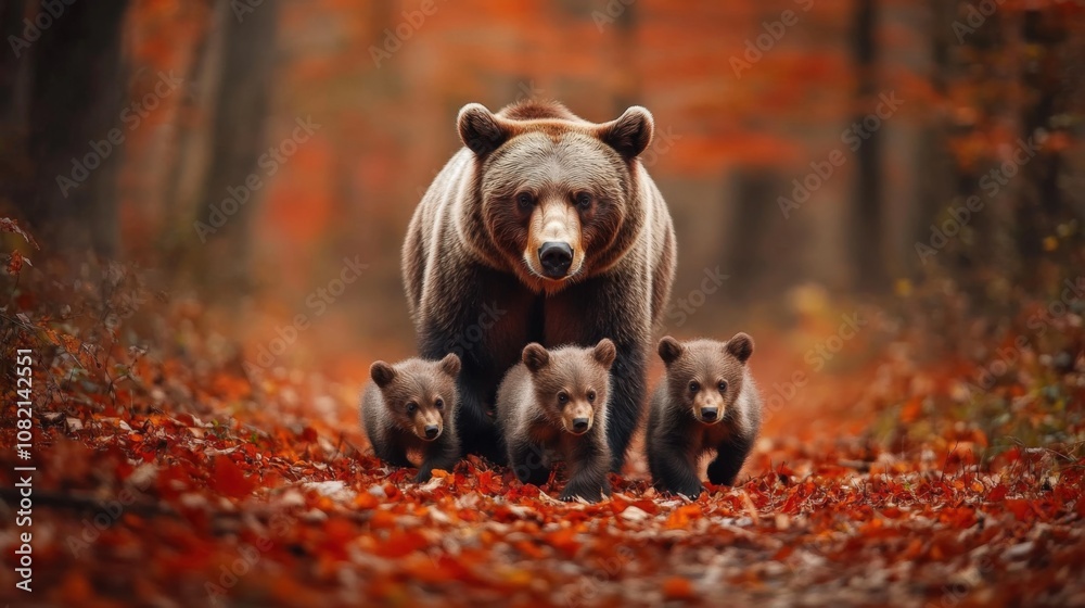 Brown Bear Family Walking Through Autumn Forest Brown Bear Family Walking Through Autumn Forest