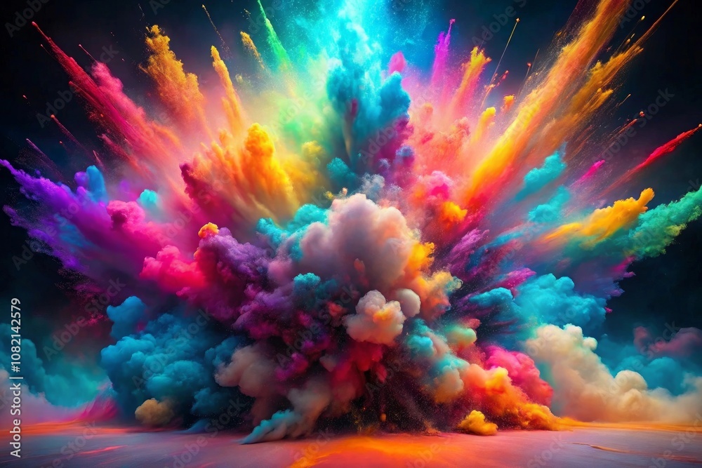 Clubs of multicolored neon smoke, ink. An explosion, a burst of holi paint. Abstract psychedelic pastel light background. 3D rendering. AI generated